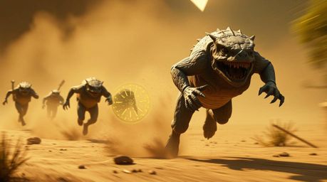 Experience a thrilling chase scene brought to life with natural earth tones and glowing bioluminescent colors, enhanced by re