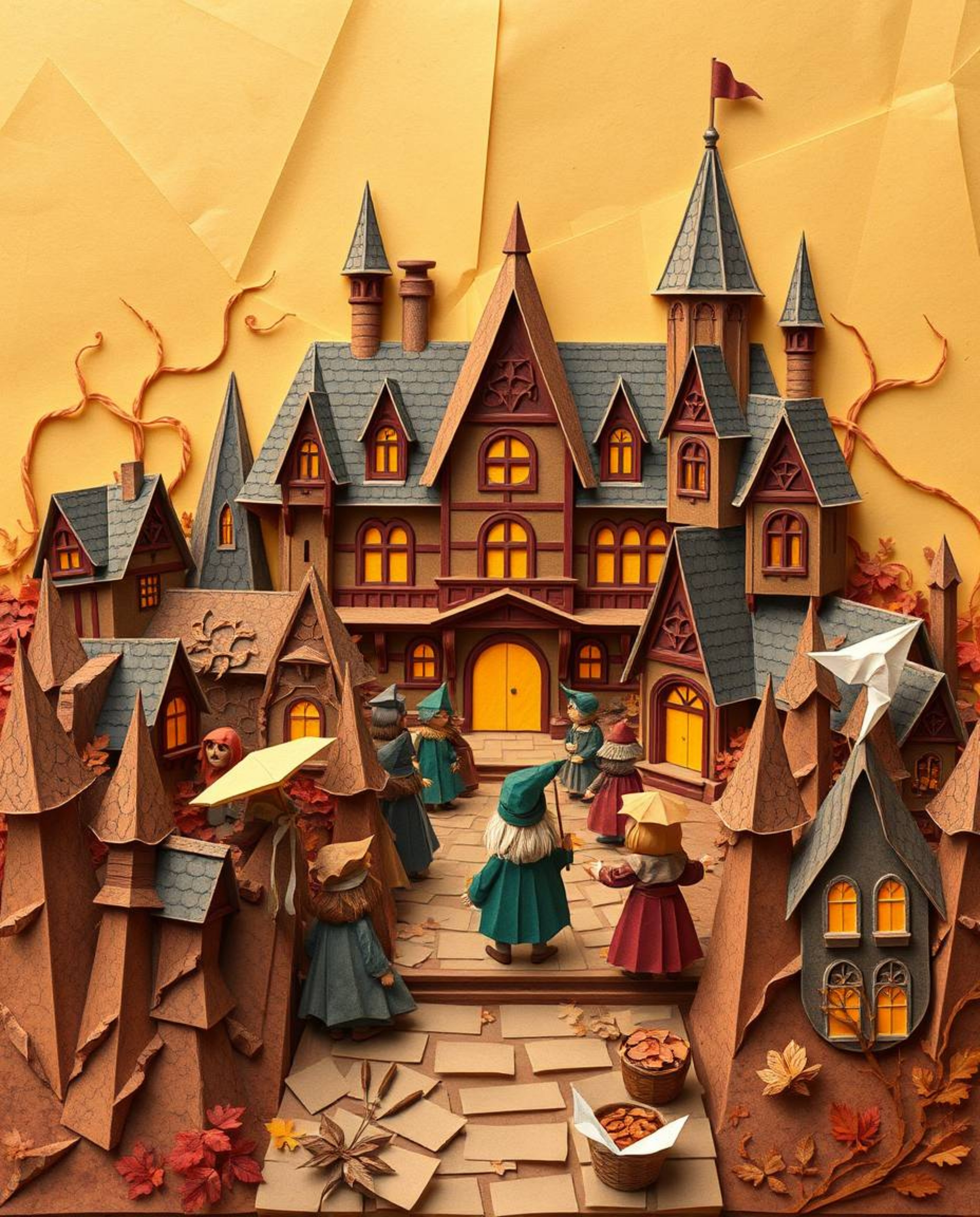This stunning artwork features an intricate origami-style illustration bathed in warm autumn colors.  A magical school filled