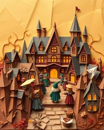 This stunning artwork features an intricate origami-style illustration bathed in warm autumn colors.  A magical school filled