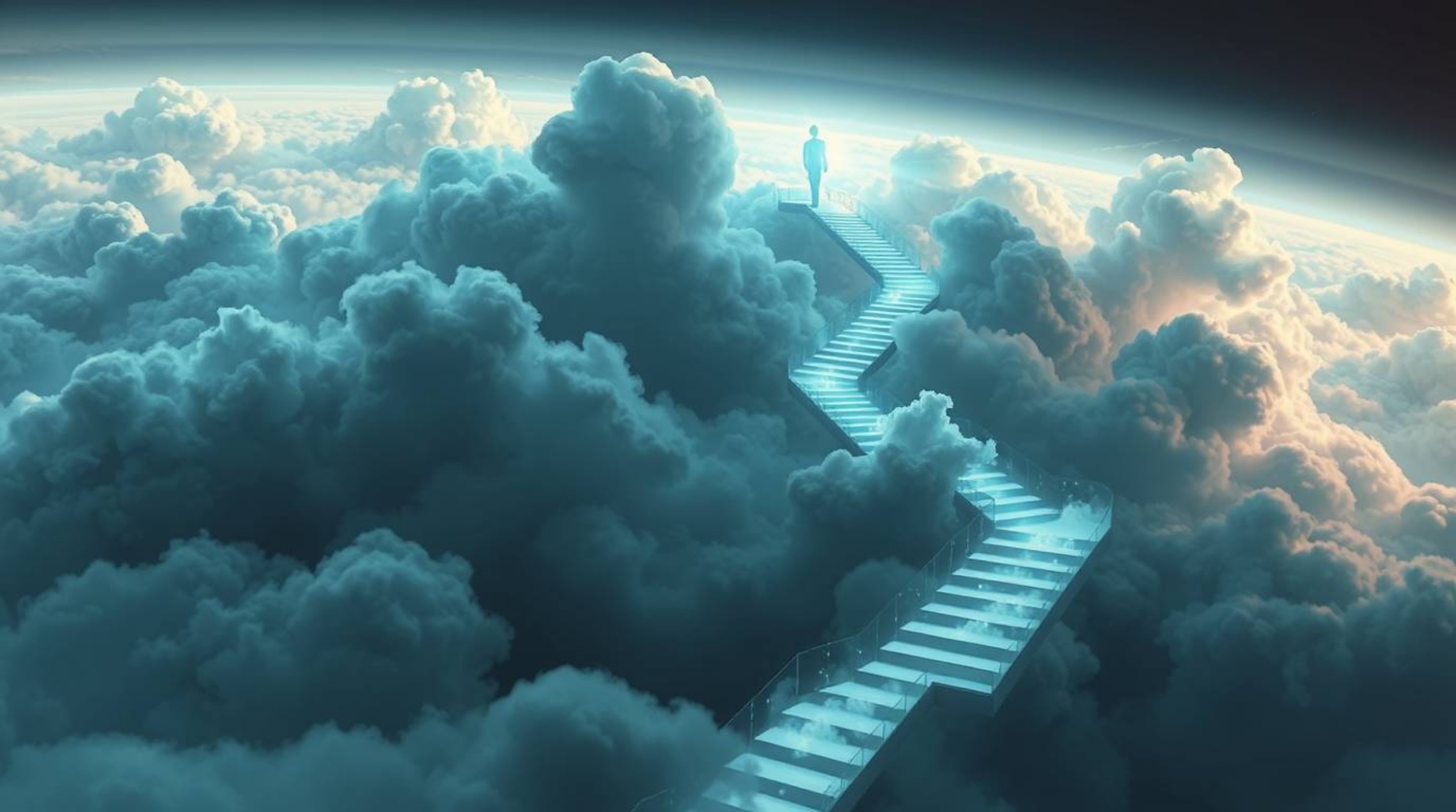 A captivating futuristic sci-fi illustration showcases a winding stairway crafted from ethereal smoke and light. This mesmeri