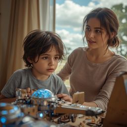 Exquisite high-fashion photography captures a young boy with messy brown hair, building an intricately designed cardboard spa