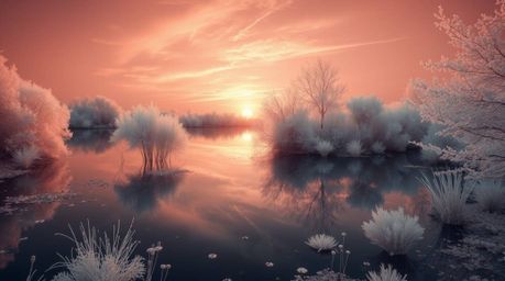 A captivating surreal infrared image depicts a serene pond mirroring a vibrant sunset. The ethereal, spiritual atmosphere is 