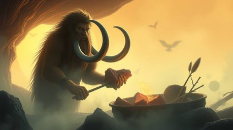 Explore a dreamlike world rendered in soft pastel colors where a caveman, silhouetted by backlighting, prepares mammoth meat.