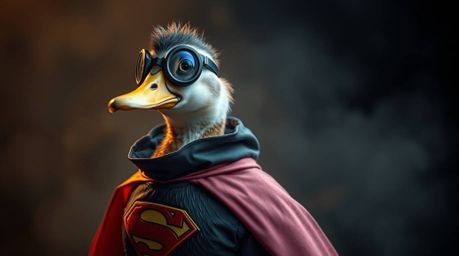 This collection features professional fine art photographs of a duck hilariously dressed in a zany superhero costume.  The im