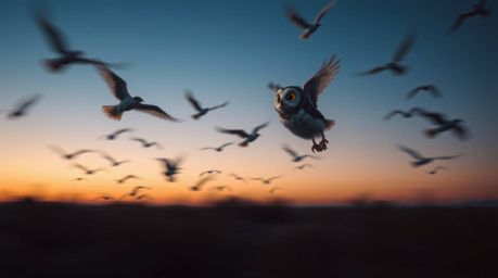 Explore the captivating imagery of a blind owl, rendered in Pixar style, guiding birds to fly with long exposure photography 