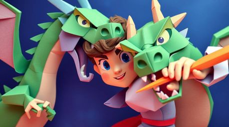 A charming prince with rosy cheeks and determined eyes engages in a captivating battle against a vibrant green dragon, all re
