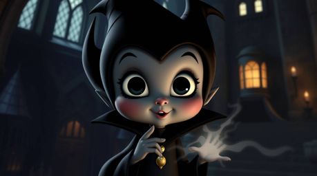 An adorable yet menacing Disney villain, rendered in a striking black color palette, casts a spell within a dimly lit old cas
