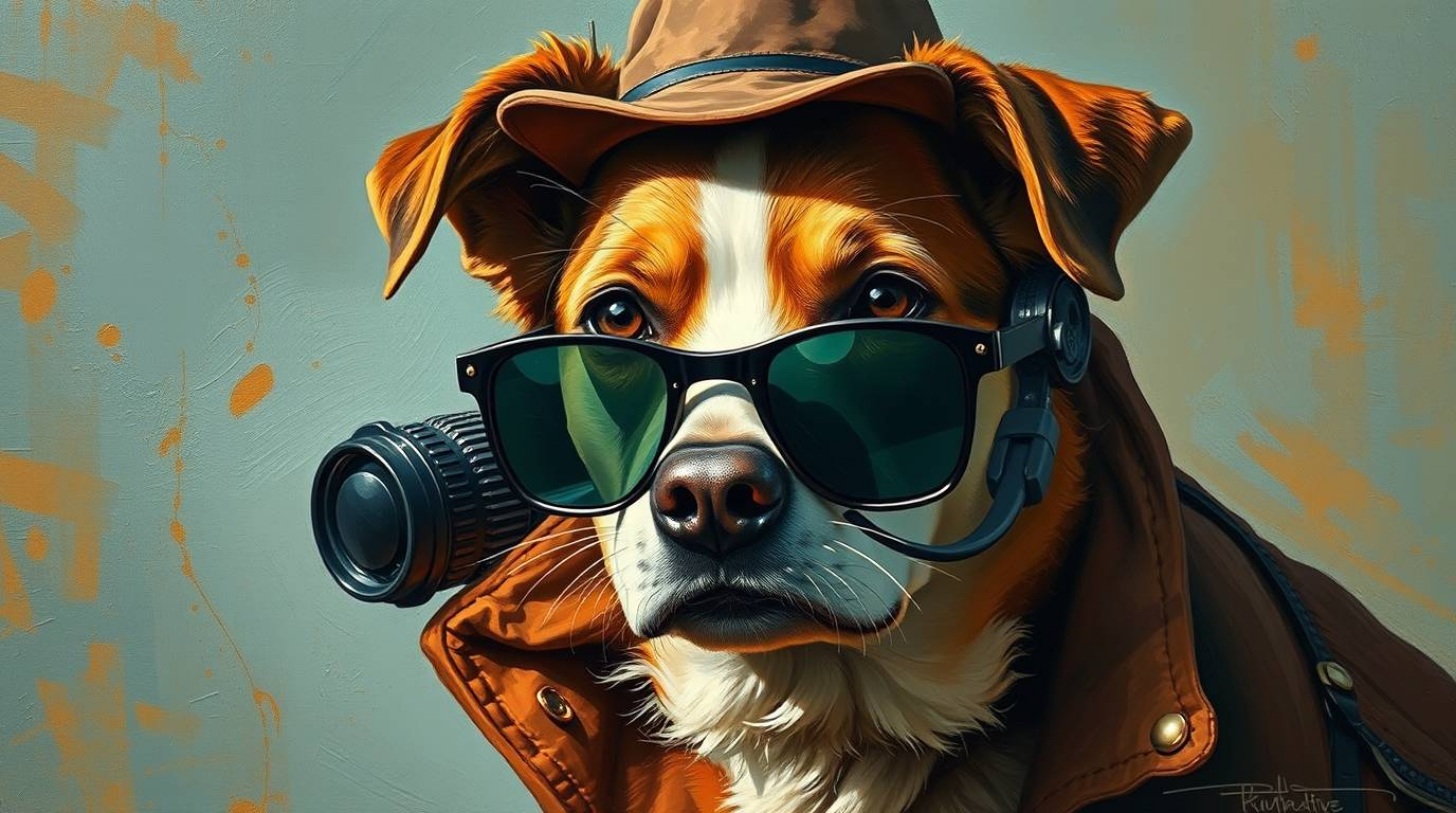 A charming oil painting depicts a dog detective utilizing futuristic gadgets.  The artwork features a captivating contrast of