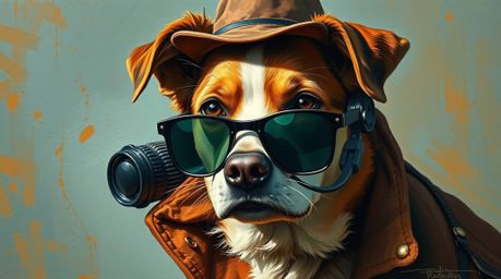 A charming oil painting depicts a dog detective utilizing futuristic gadgets.  The artwork features a captivating contrast of