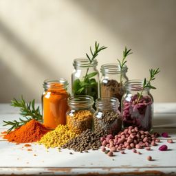 A still life composition featuring delicate, curved-neck glass jars filled with colorful spices and herbs like turmeric, basi
