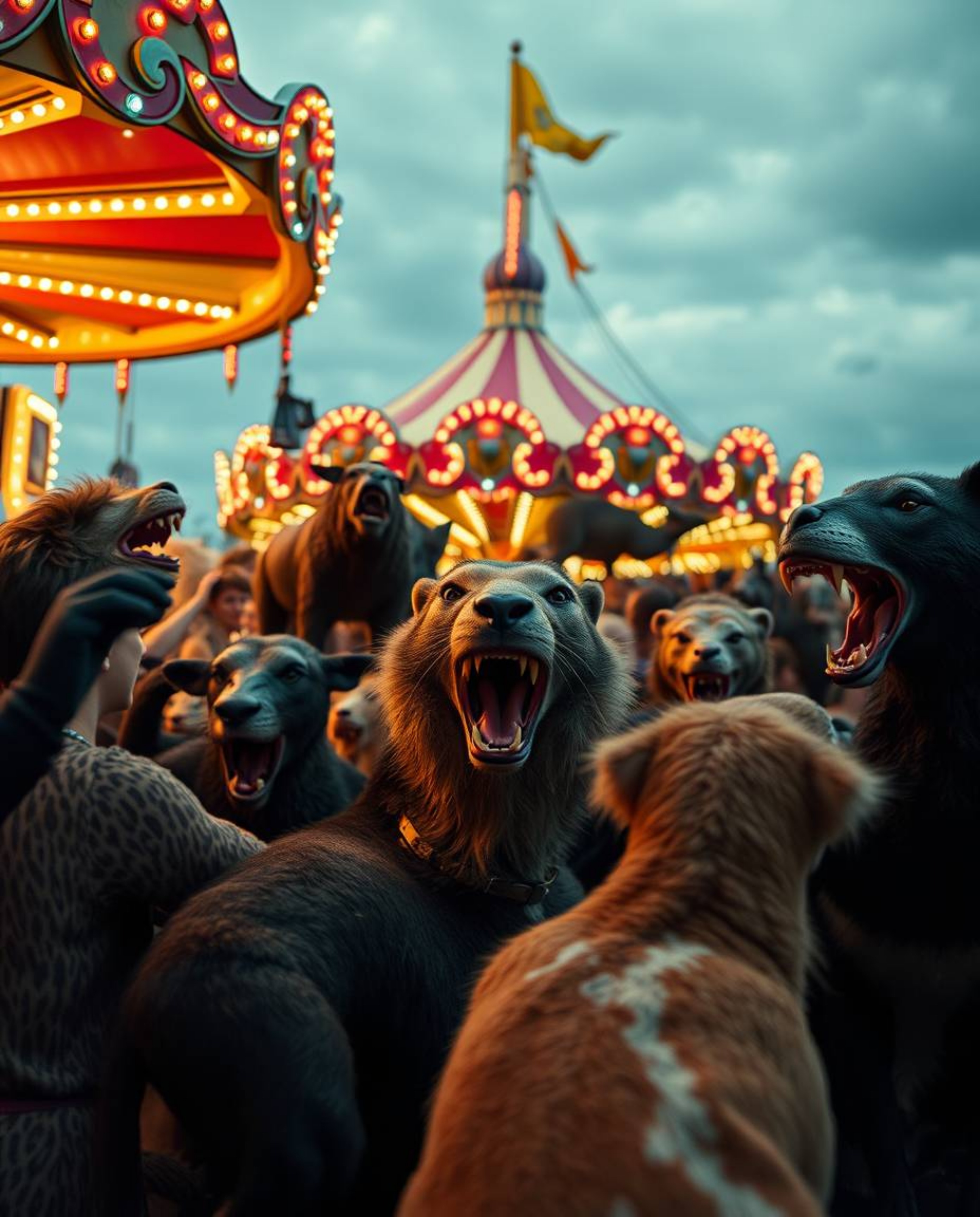 A professional fine art photograph depicting a carnival overrun by wild animals, captured with vibrant complementary colors a