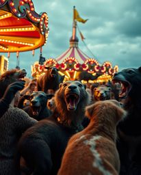 A professional fine art photograph depicting a carnival overrun by wild animals, captured with vibrant complementary colors a