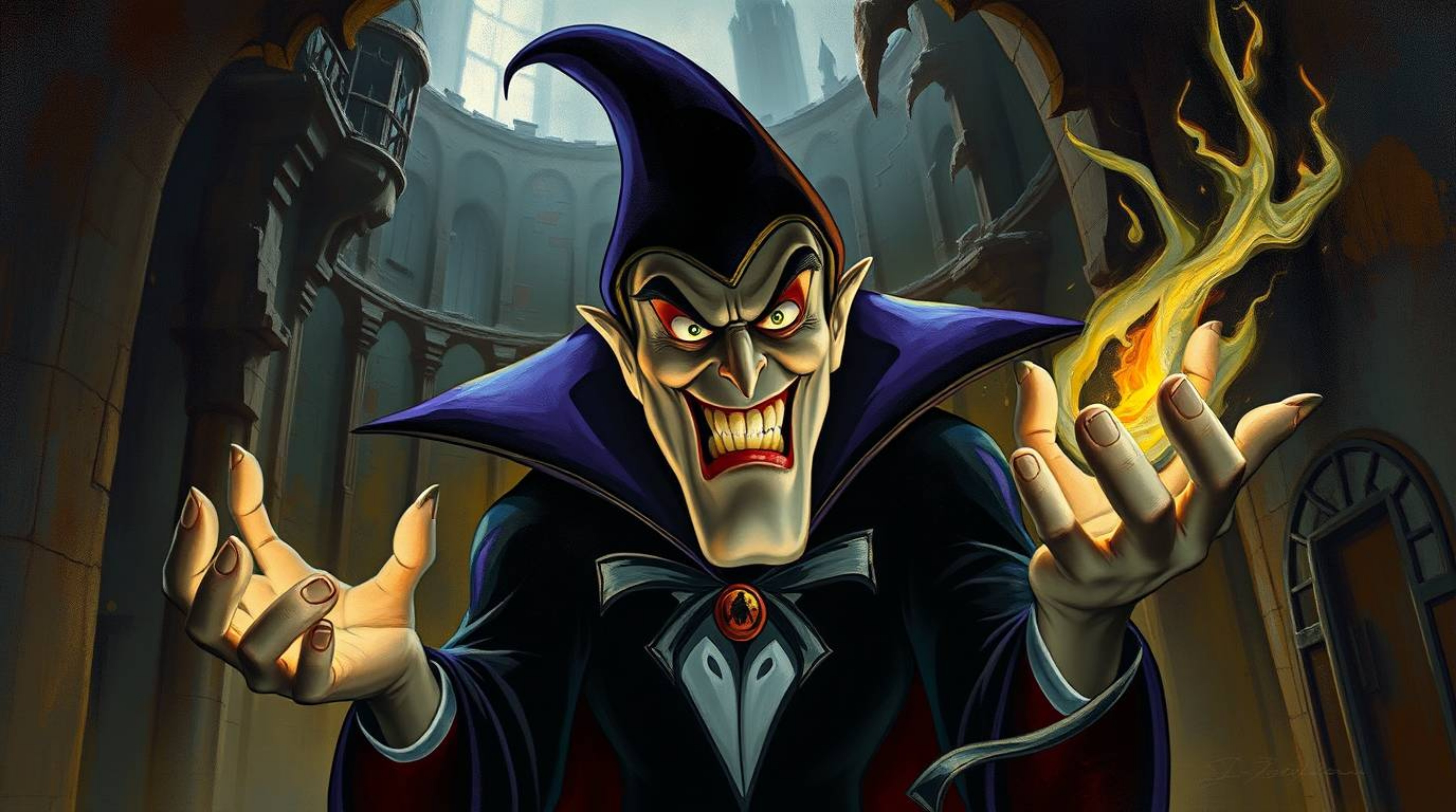 A classic Disney villain, characterized by a cruel expression and sharp cheekbones, is depicted casting a spell within the co