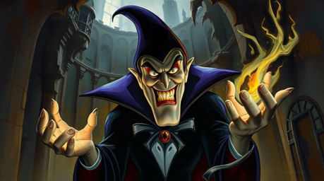 A classic Disney villain, characterized by a cruel expression and sharp cheekbones, is depicted casting a spell within the co