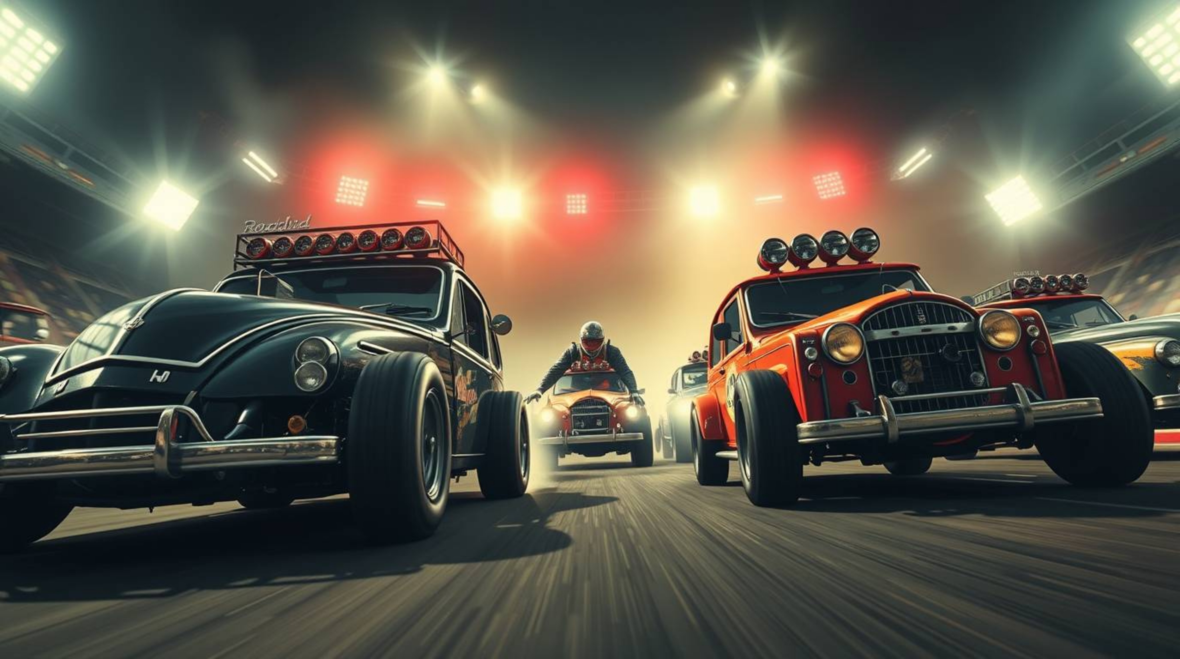 A low-angle perspective creates a dramatic and high-contrast image of a wacky racing scene featuring outlandish cars. Intense