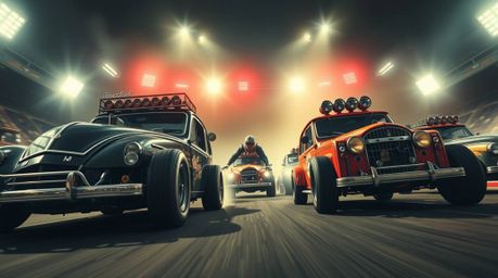 A low-angle perspective creates a dramatic and high-contrast image of a wacky racing scene featuring outlandish cars. Intense