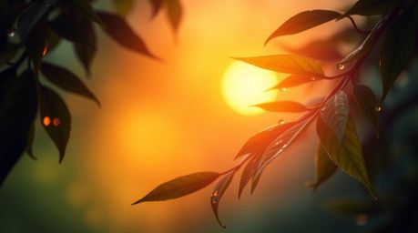 This abstract light art captures the beauty of a sunset reflecting in raindrops on leaves. The artwork features a smooth grad