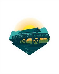 A luxurious and vibrant logo depicts an old wooden bridge over a river at sunset. Rendered in rich, deep teal colors, the des