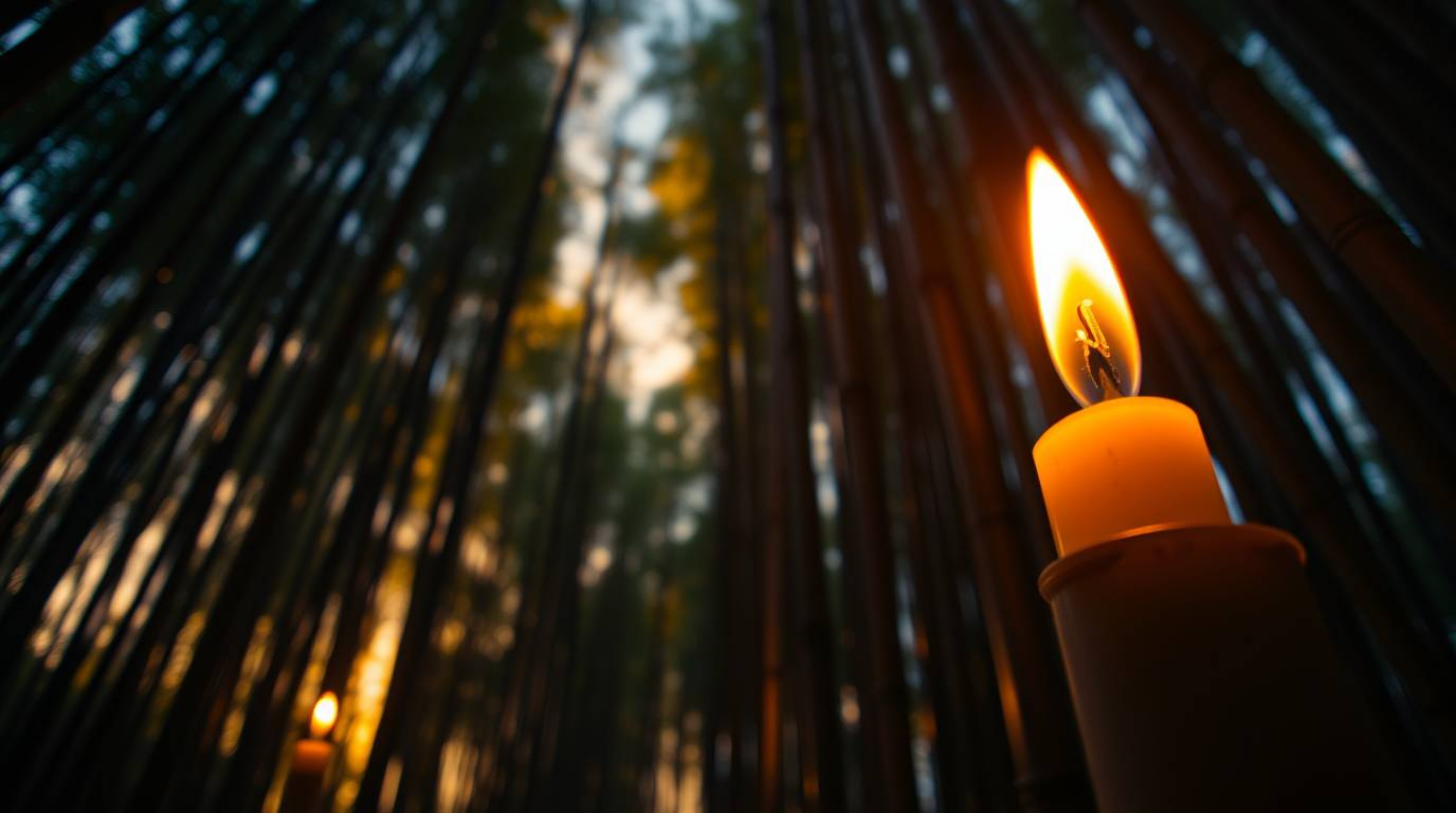 Experience the tranquility of a bamboo forest bathed in the warm glow of a sunset.  Dramatic candlelight flickers, casting en