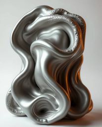 Experience dramatic cinematic sculptural clay art featuring smooth 3D fluid metallic shapes with textured modeled details and