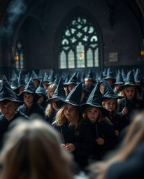 Explore a magical school teeming with young wizards, captured in a striking jet black palette. This captivating image feature