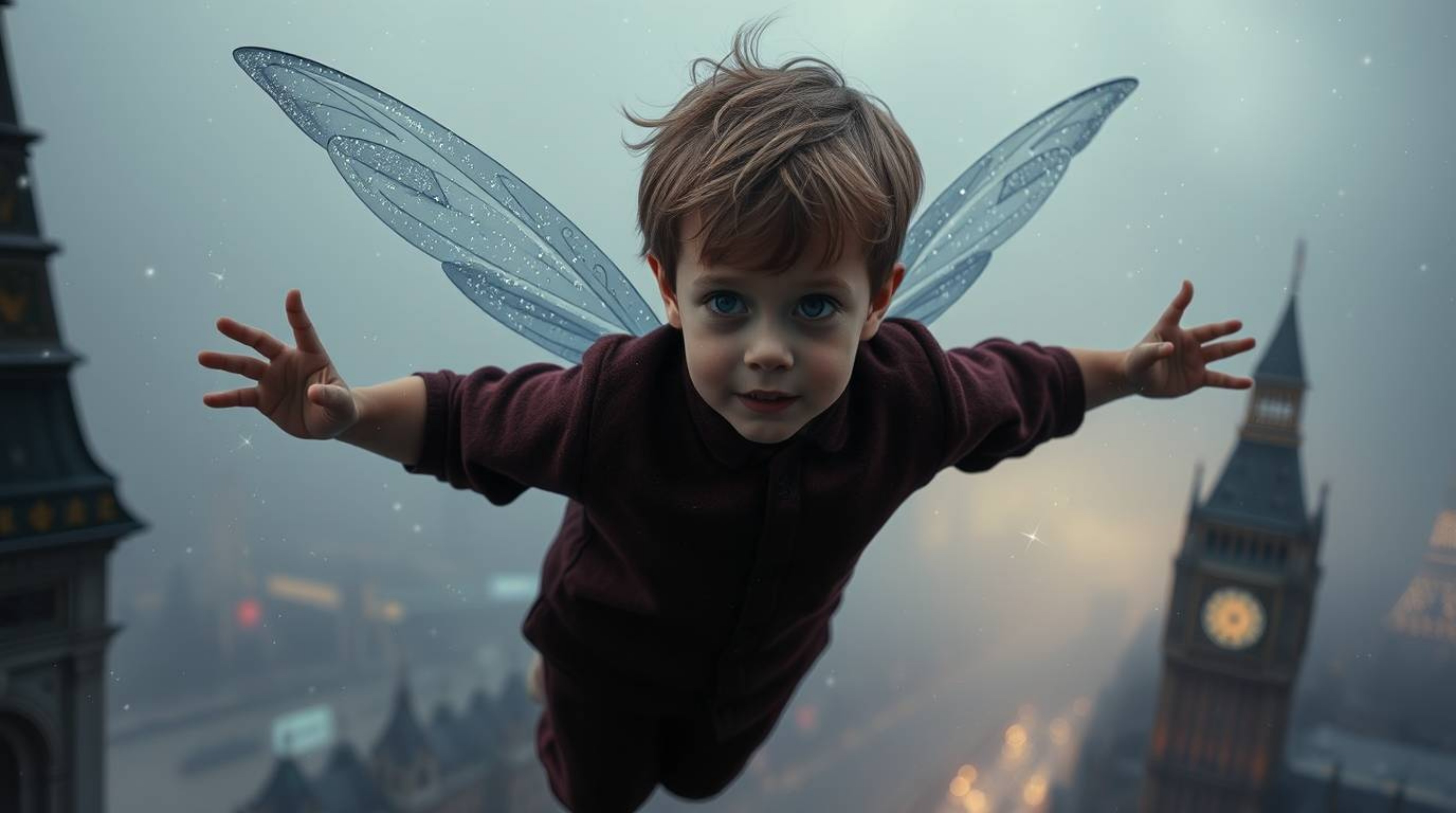 A captivating digital painting depicts a young boy with pale skin, soaring above a low-visibility London, propelled by shimme