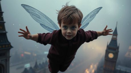 A captivating digital painting depicts a young boy with pale skin, soaring above a low-visibility London, propelled by shimme