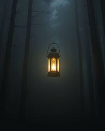 Discover a captivating high-resolution stock photo of a glowing lantern illuminating a dark, foggy forest. Perfect for commer