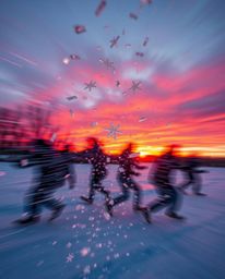 This artwork captures a scene of dynamic motion as snowflakes fall during a vibrant sunset. The composition is characterized 