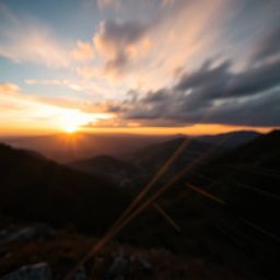 A breathtaking extreme macro close-up, long exposure photograph capturing a vibrant sunset over a serene mountain valley. Thi