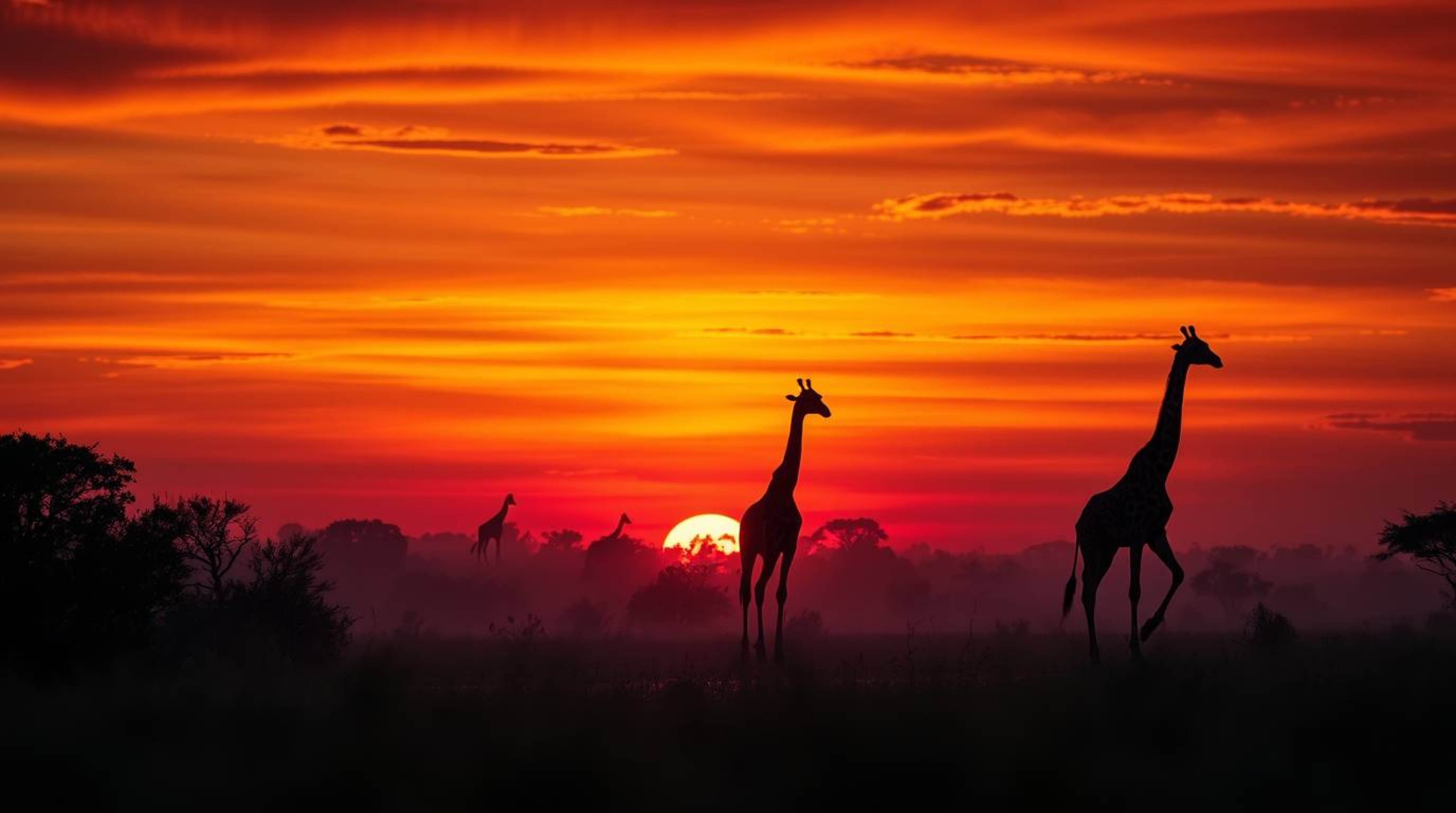 Experience a breathtaking ethereal savanna sunset scene featuring silhouetted giraffes bathed in vibrant, electric colors.  T