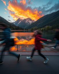 A candid street photography shot captures dynamic motion, depicting the unexpected reflections of fiery clouds in a mountain 