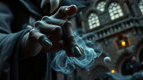 An extreme macro close-up showcases the hands of a classic Disney villain as they cast a spell within the aged walls of an ol