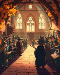 A vibrant illustration depicts a magical school brimming with young wizards, bathed in the warm hues of autumn. Strong, hard
