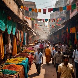 Experience the bustling energy of an Indian market street, alive with vibrant colors and exotic aromas. Imagine rows of shops