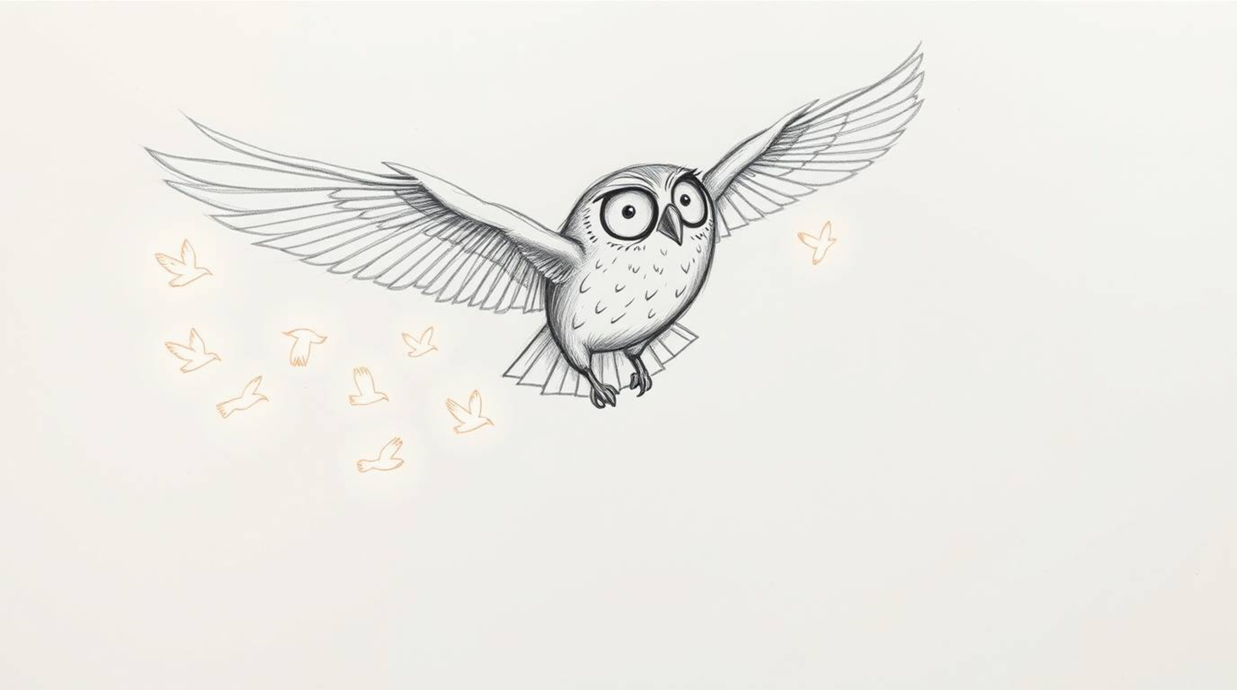 A captivating hand-drawn sketch in the style of Pixar depicts a blind owl soaring mid-flight, guiding other birds in the art 