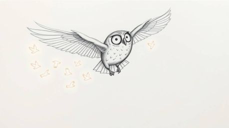 A captivating hand-drawn sketch in the style of Pixar depicts a blind owl soaring mid-flight, guiding other birds in the art 