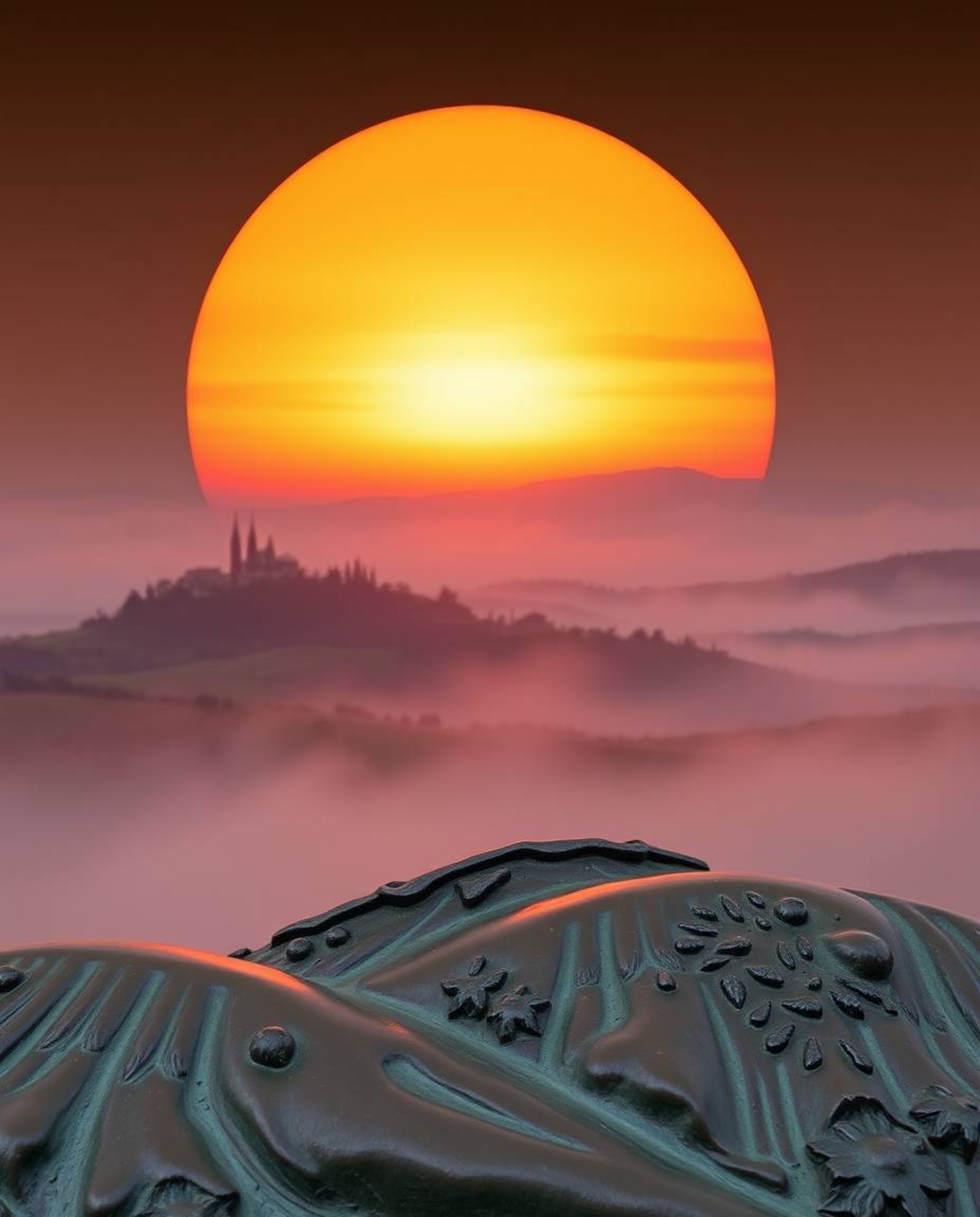 A cast bronze sculpture of a Tuscan sunset over misty hills, showcasing an antique patina finish.