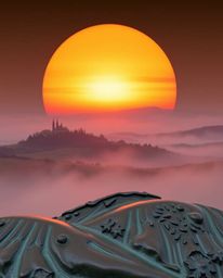 A cast bronze sculpture of a Tuscan sunset over misty hills, showcasing an antique patina finish.