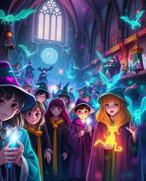 A stunning high-resolution image showcasing a magical school teeming with young wizards. The scene is brought to life with gl