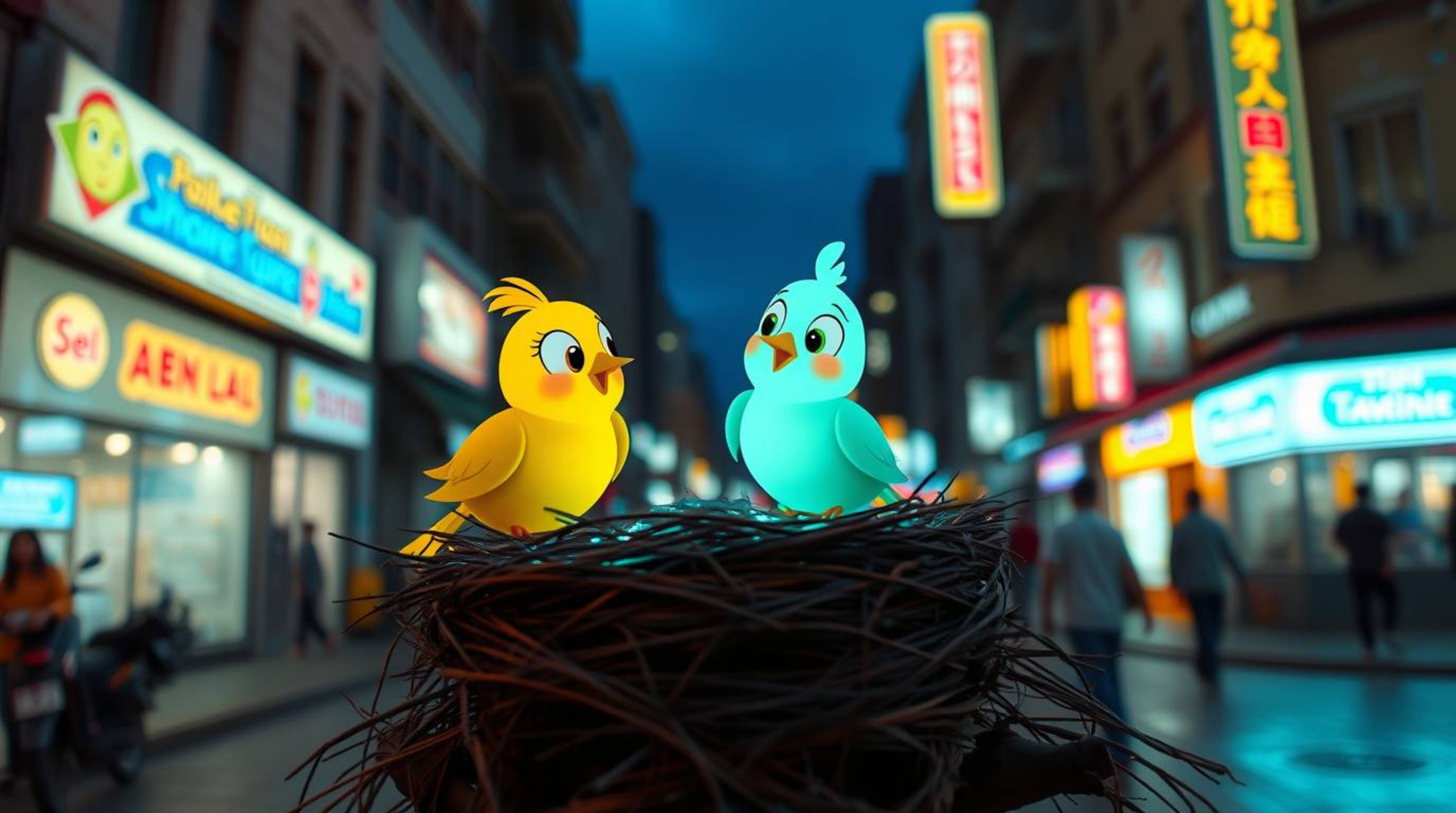 Capture the vibrant glow of bioluminescent colors in candid street photography.  This collection showcases two cartoon birds 