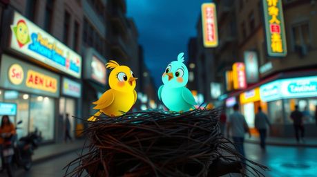Capture the vibrant glow of bioluminescent colors in candid street photography. This collection showcases two cartoon birds