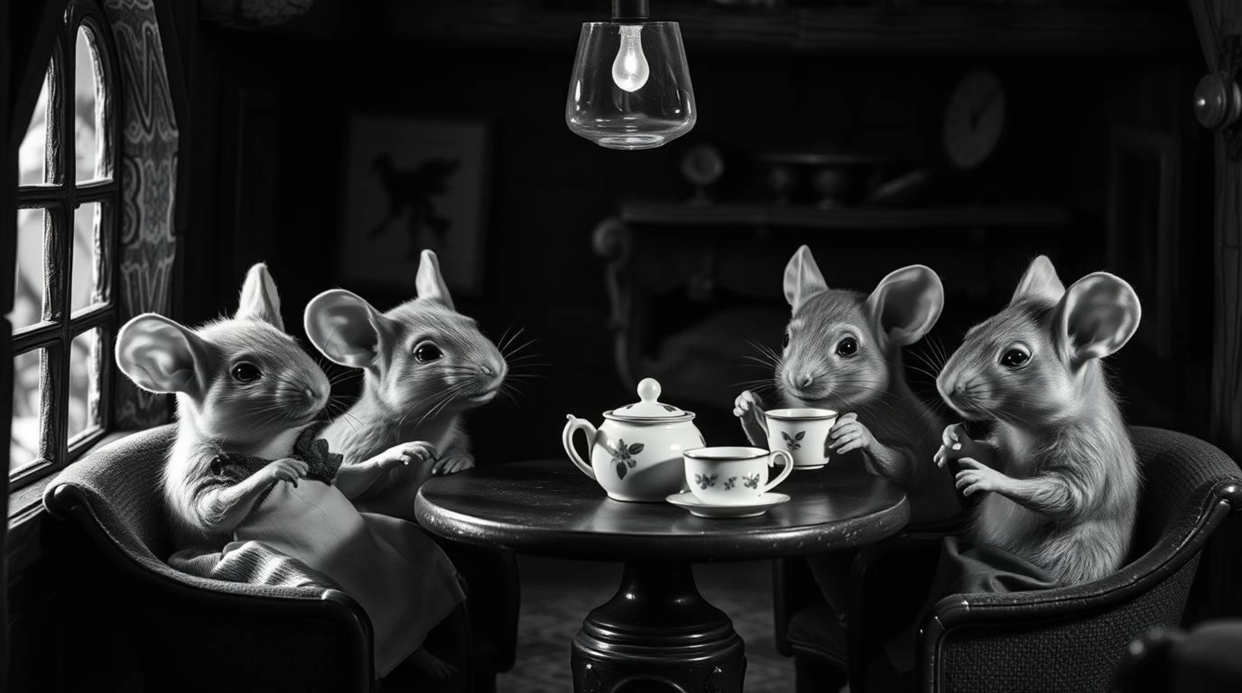 A captivating black and white photograph depicts anthropomorphic mice enjoying a tea party in a charming cottage.  The image 