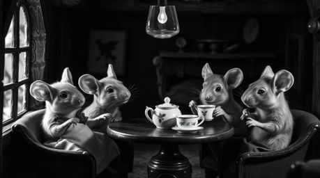A captivating black and white photograph depicts anthropomorphic mice enjoying a tea party in a charming cottage.  The image 