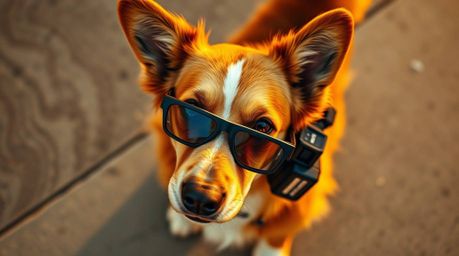 A warm golden hour photograph capturing a unique perspective of a dog detective equipped with high-tech gadgets, viewed from 