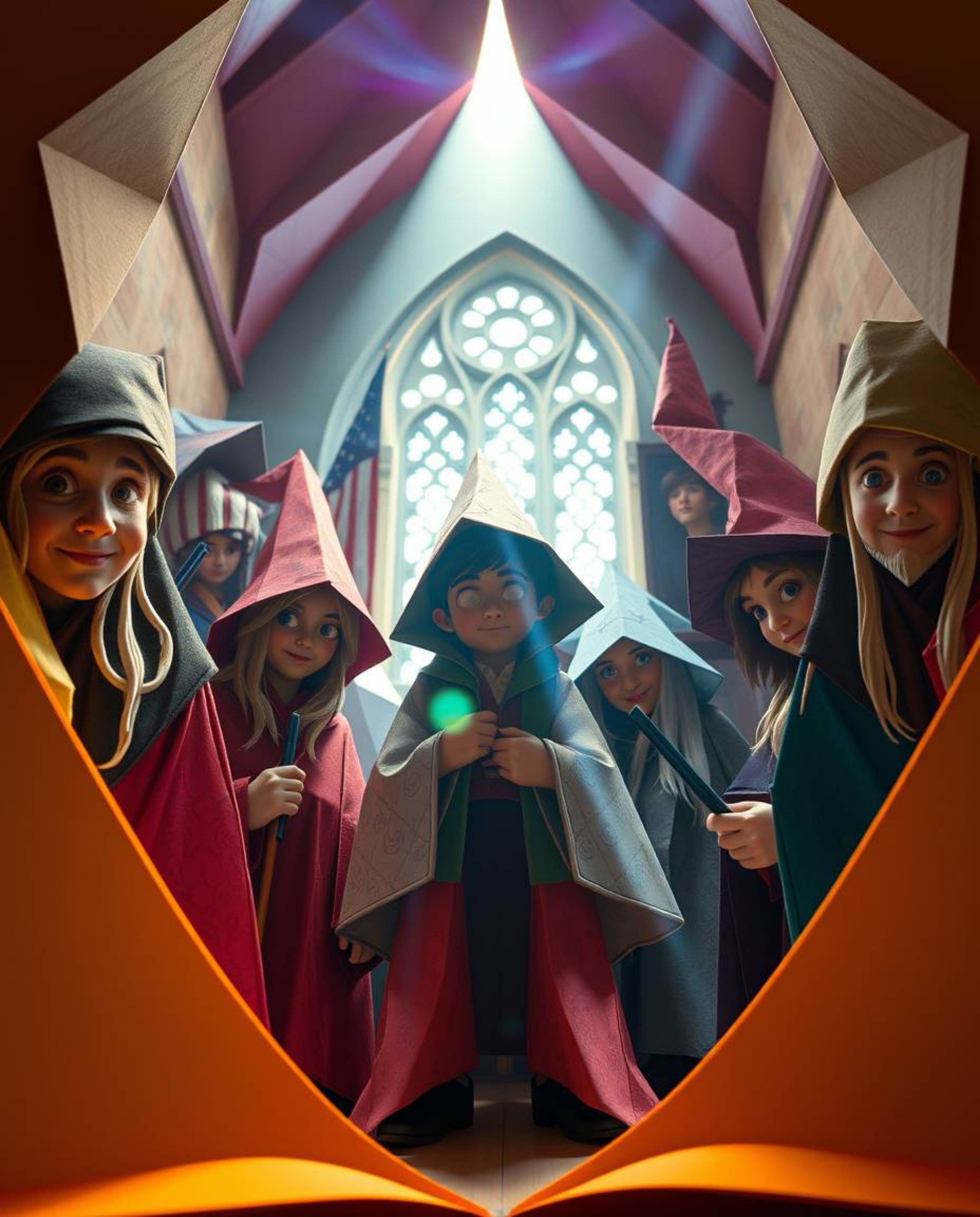 Explore a breathtaking origami-style image of a magical school teeming with young wizards. This vibrant artwork showcases int