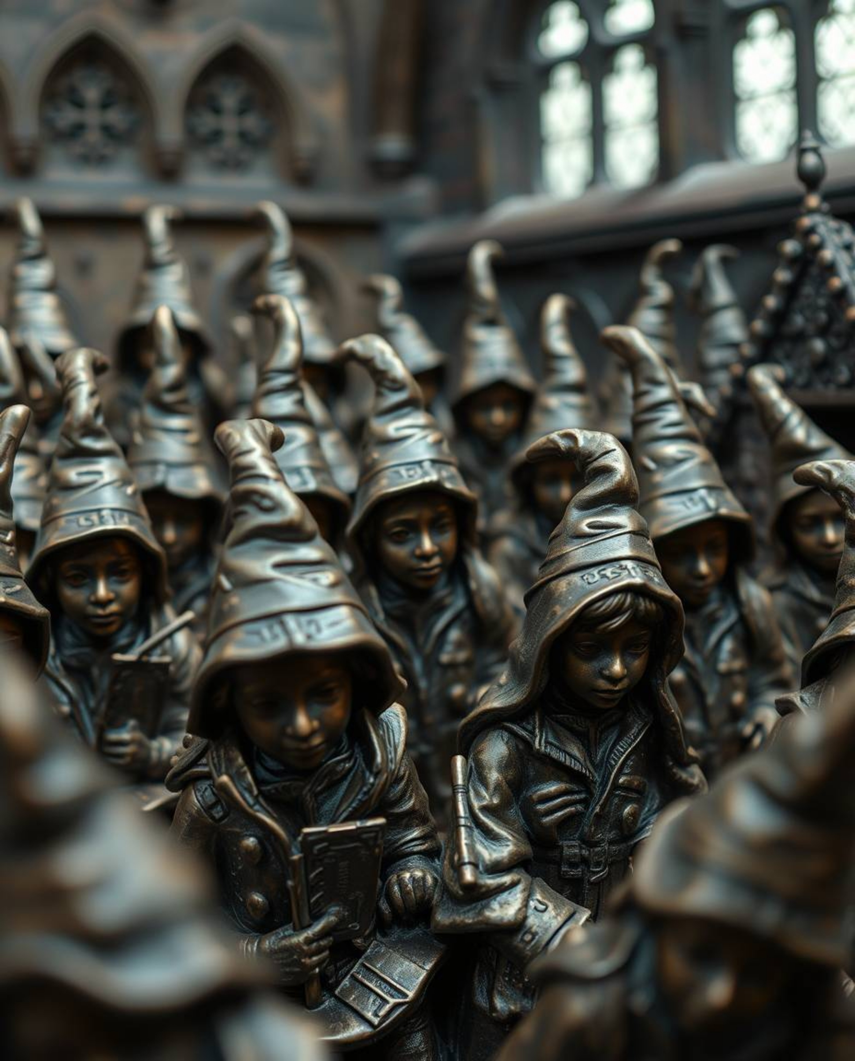 Explore an extreme macro close-up of a magical school brimming with young wizards, rendered in bronze with an antique patina 