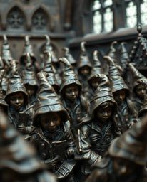 Explore an extreme macro close-up of a magical school brimming with young wizards, rendered in bronze with an antique patina 