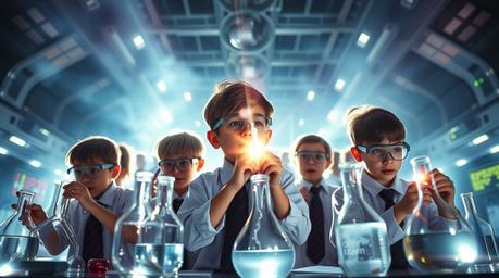 This high-resolution stock photo captures a group of quirky kids in school uniforms passionately conducting science experimen