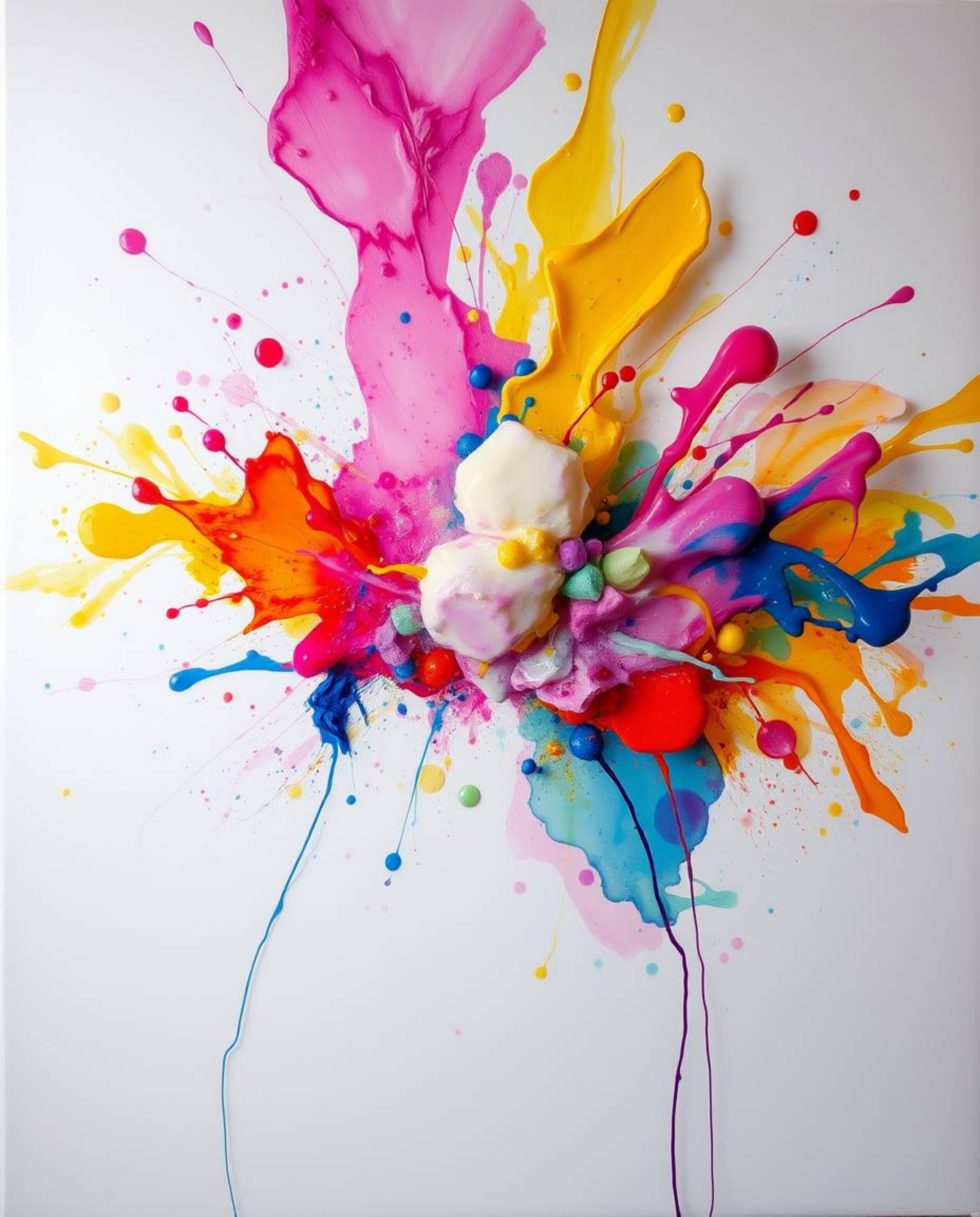 Explore our collection of dreamy, hazy abstract art featuring vibrant paint explosions on white canvases. Each piece is rende